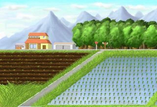二階建ての一軒家の奥に山が連なっており手前には畑と稲が田んぼがあるイラスト