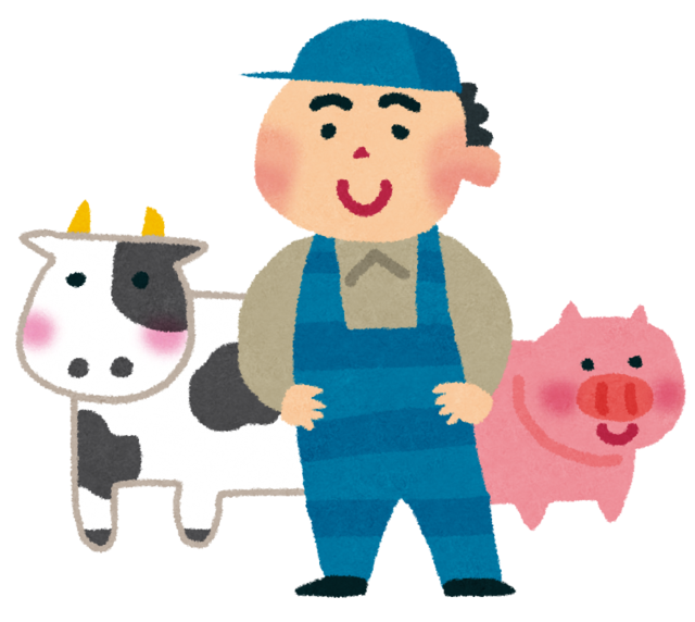 青いオーバーオールを来た畜産農家の男性と牛と豚のイラスト