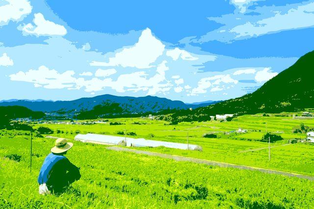 山と田んぼを眺める人のイラスト画像