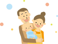 赤ちゃんを抱いている笑顔のお父さんと隣で笑っているお母さんのイラスト