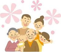 祖父母と親子4人が笑顔で集まっているイラスト