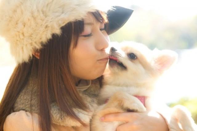 白い小型犬を抱いている女性の写真