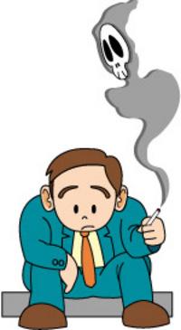 喫煙している男性とタバコの煙にドクロが描かれているイラスト画像